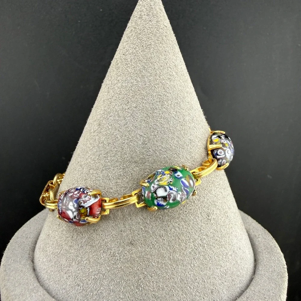 Vintage Millefiori Art Glass Bracelet Multicolor Gold Tone Link 6.5in